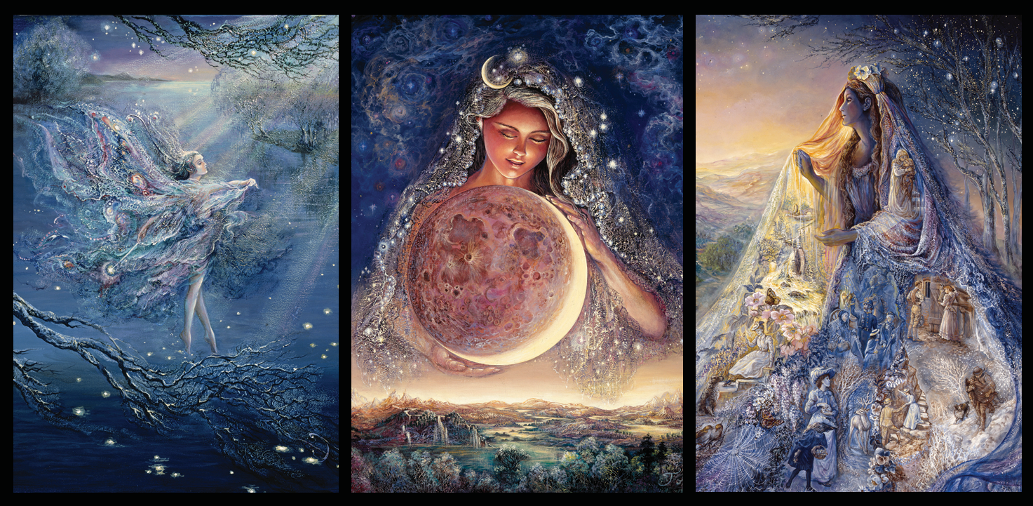 front of sustainable greetings card with Three artistic panels depicting a fairy, a woman with a moon, and a woman in a veil against celestial backgrounds.