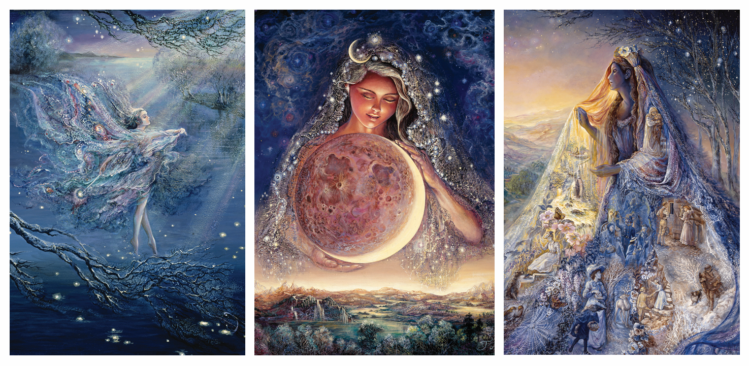 front of sustainable greetings card with Three artistic illustrations of a fairy and a woman in different settings with celestial elements.