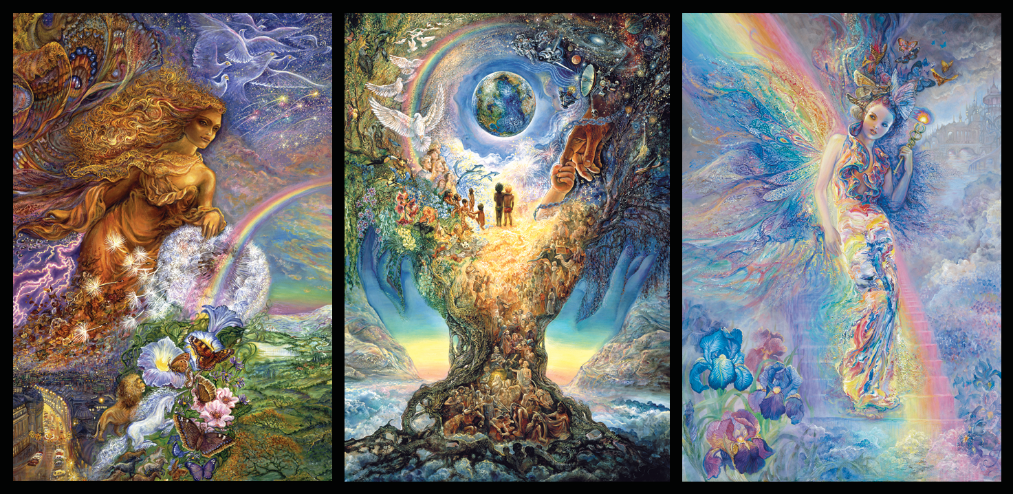 front of sustainable greetings card with Triptych artwork with fantasy elements including a rainbow, angel, and nature.