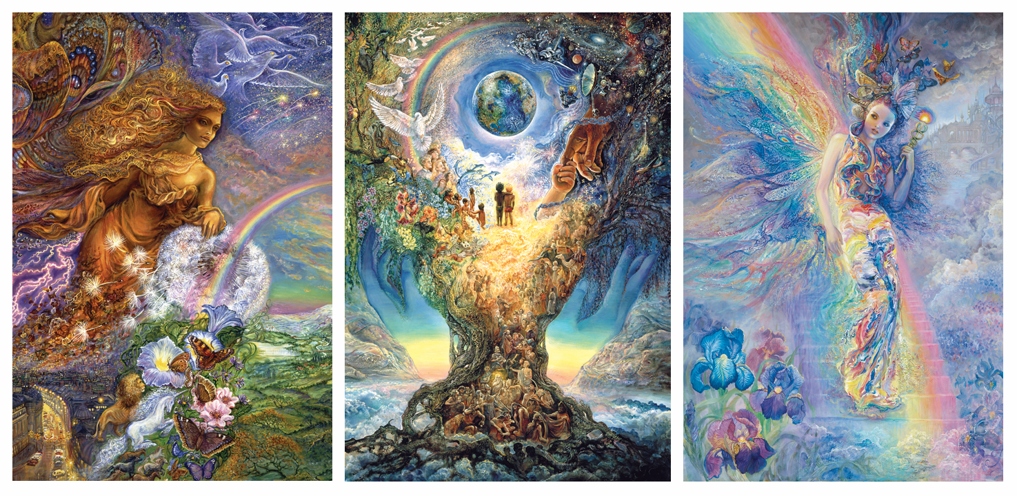 front of sustainable greetings card with Three colorful and fantastical artworks featuring mythical creatures, rainbows and vibrant landscapes.