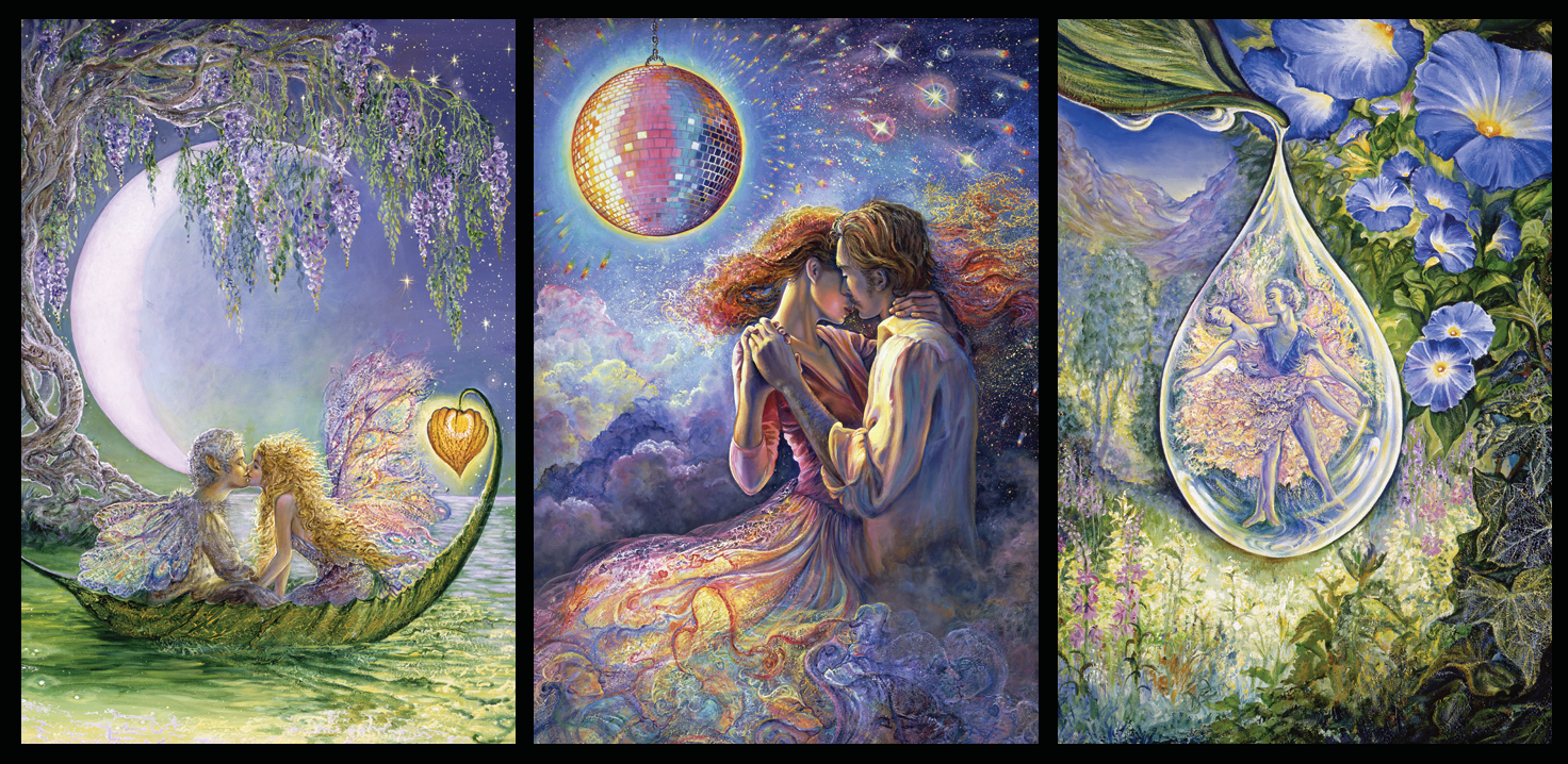 front of sustainable sentiment greetings card with Triptych of fantasy scenes featuring fairies kissing, a couple dancing under a discoball and nature elements.