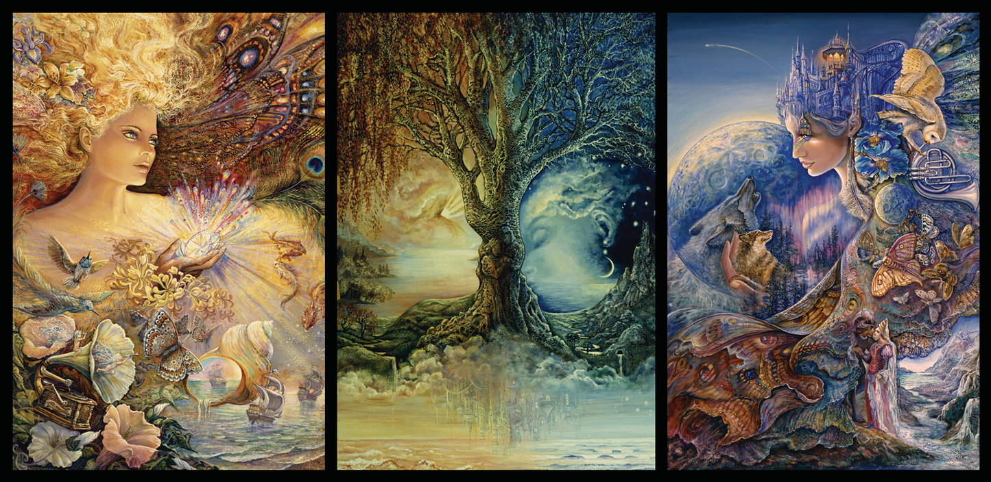 front of sustainable greetings card with Three artistic panels depicting fantastical scenes with celestial elements.