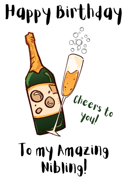Adult non-binary birthday card for a nibling featuring champagne artwork, Non-Binary Pride Flag posting covers and Bare Cards' patented self-sealing envelope-free design.