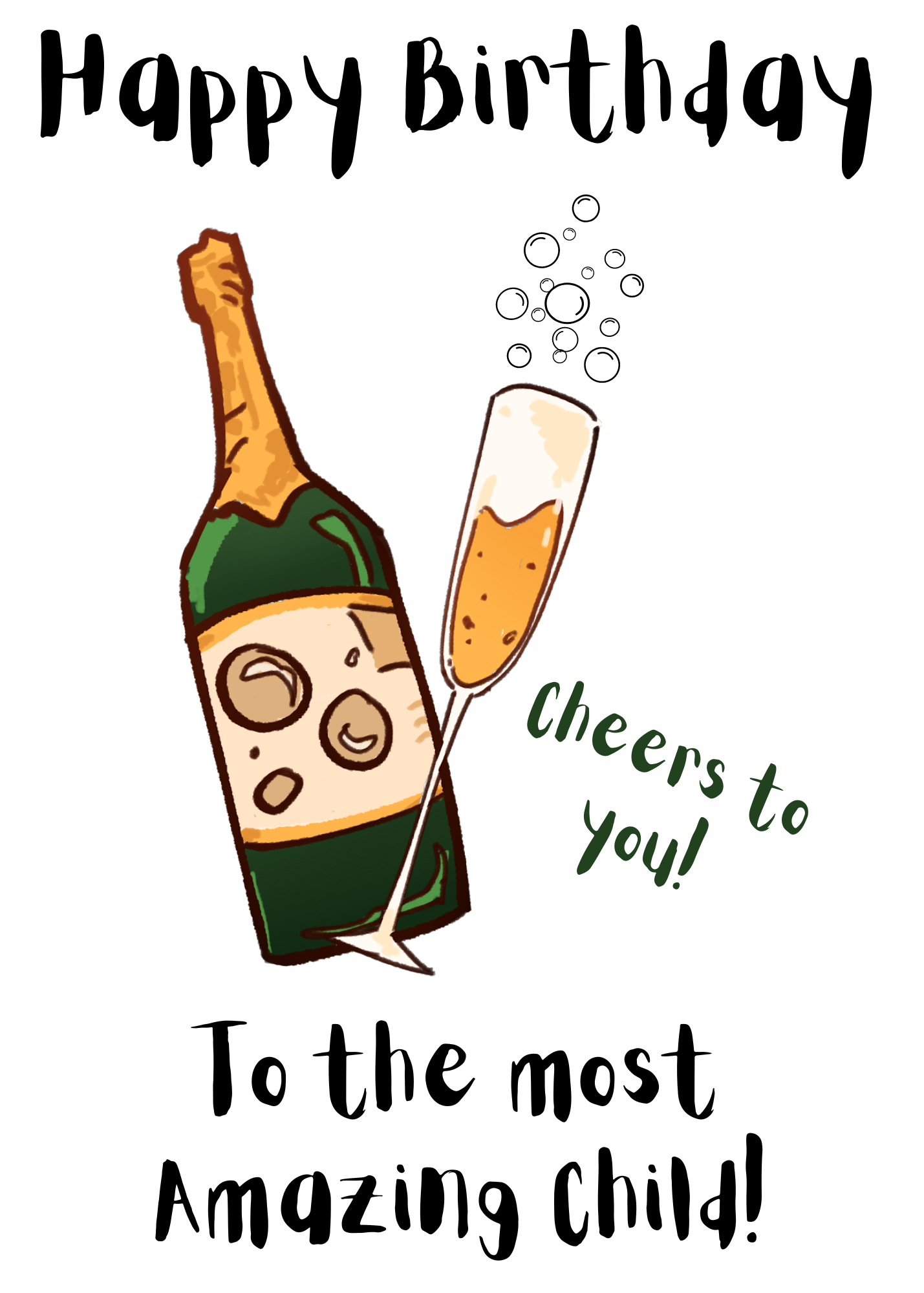 Adult non-binary birthday card for your child featuring champagne artwork, Non-Binary Pride Flag posting covers and Bare Cards' patented self-sealing envelope-free design.