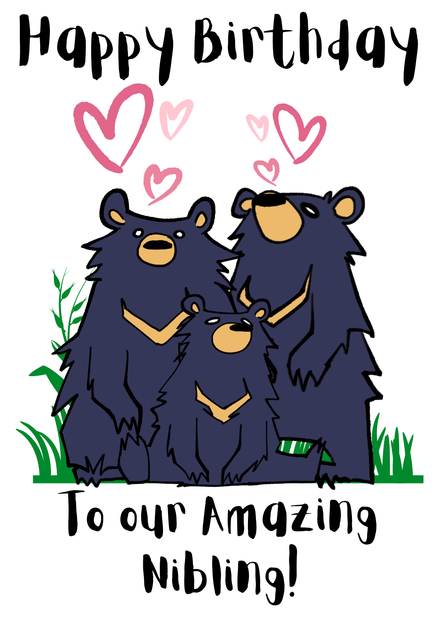 Bare Cards non binary birthday card for Nibling with an illustration of two gender neutral bear-like characters, and a 'Happy Birthday to Our Amazing Nibling' message