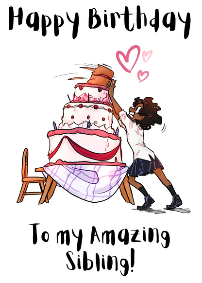 Non-binary birthday card for a sibling featuring birthday cake artwork, Non-Binary Pride Flag posting covers and Bare Cards' patented self-sealing envelope-free design.