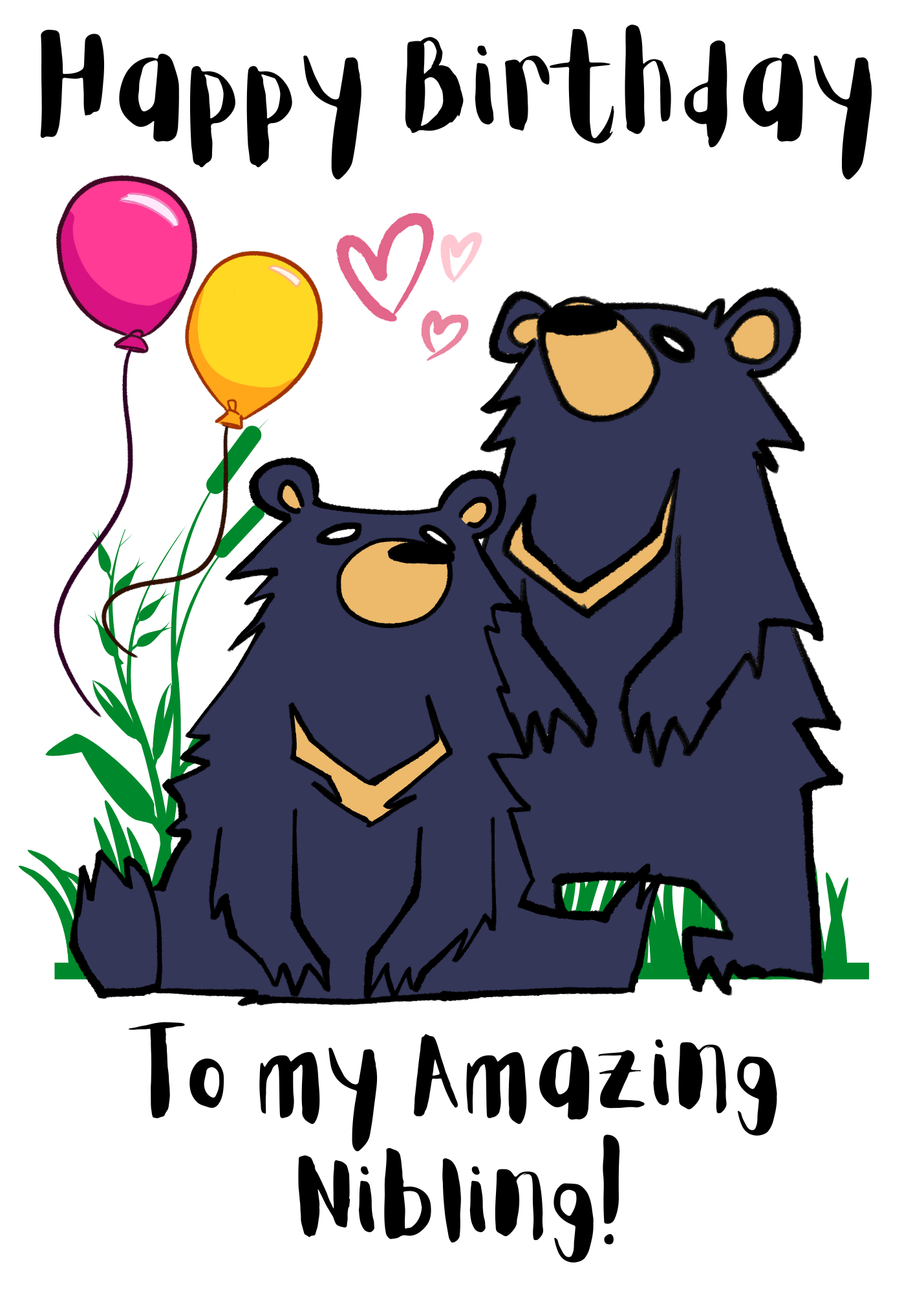 Bare Cards non binary birthday card for Nibling with an illustration of two gender neutral bear-like characters, and a 'Happy Birthday to My Amazing Nibling' message